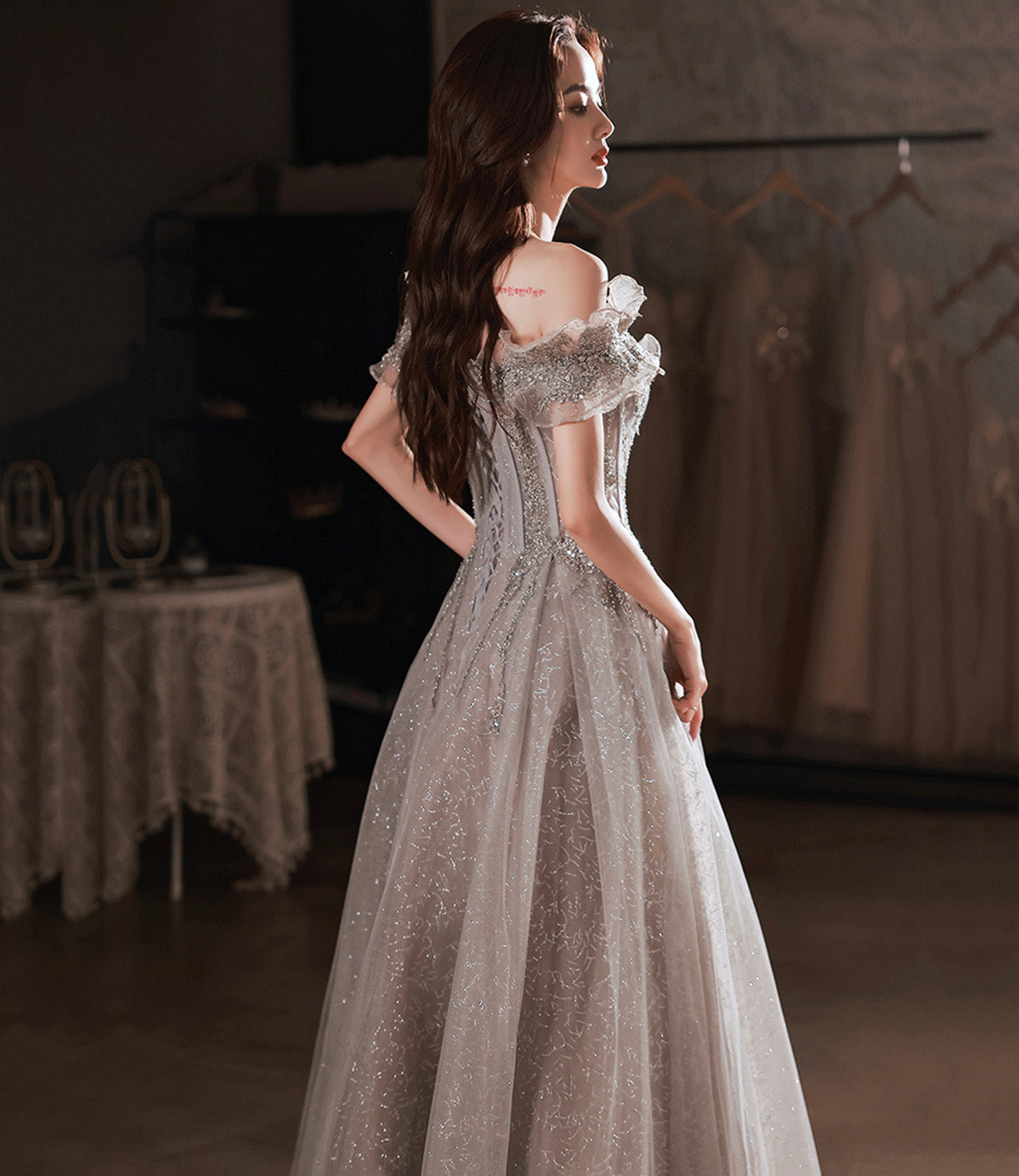 Gray tulle sequins long prom dress gray evening dress  10451