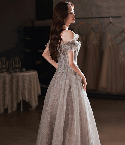 Gray tulle sequins long prom dress gray evening dress  10451