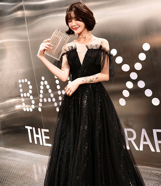 Black tulle long prom dress A line evening dress  10317
