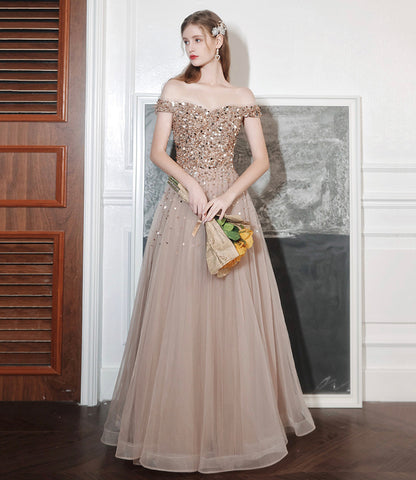 Shiny tulle sequins long prom dress A line evening dress  10576