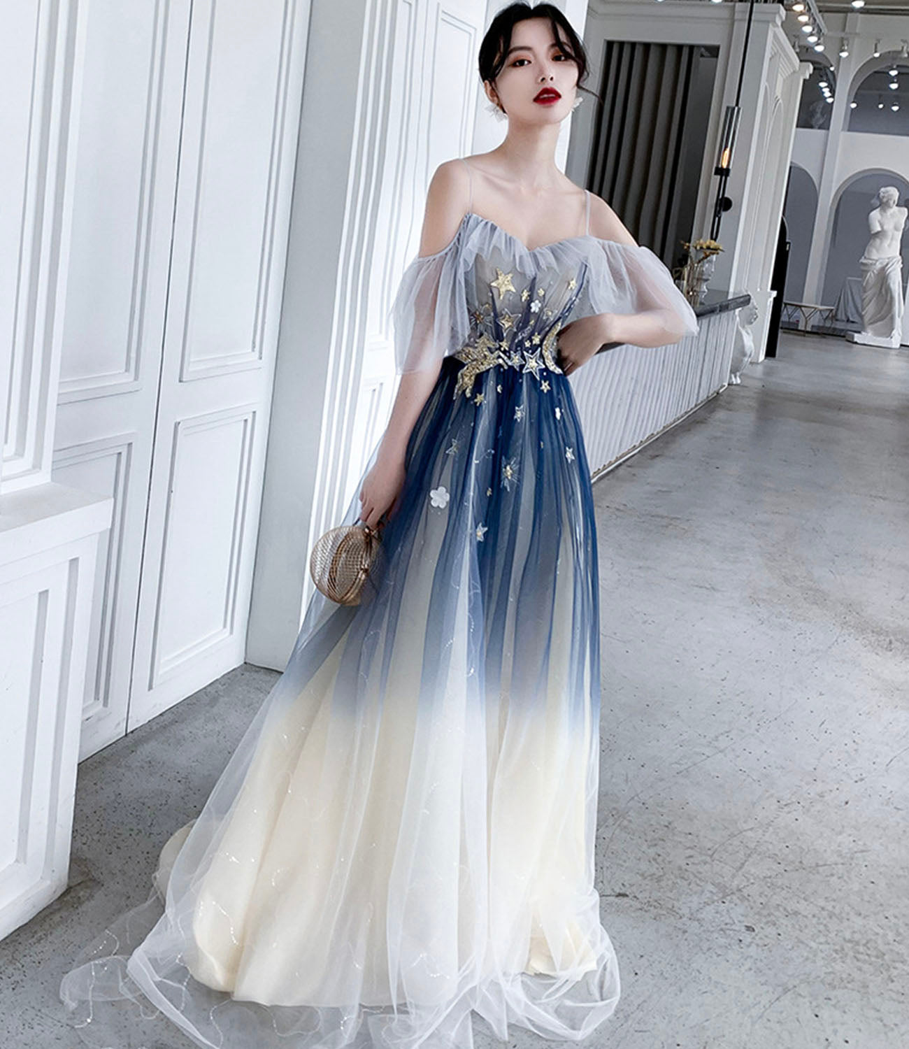 Blue tulle sequins long prom dress blue evening dress  10203