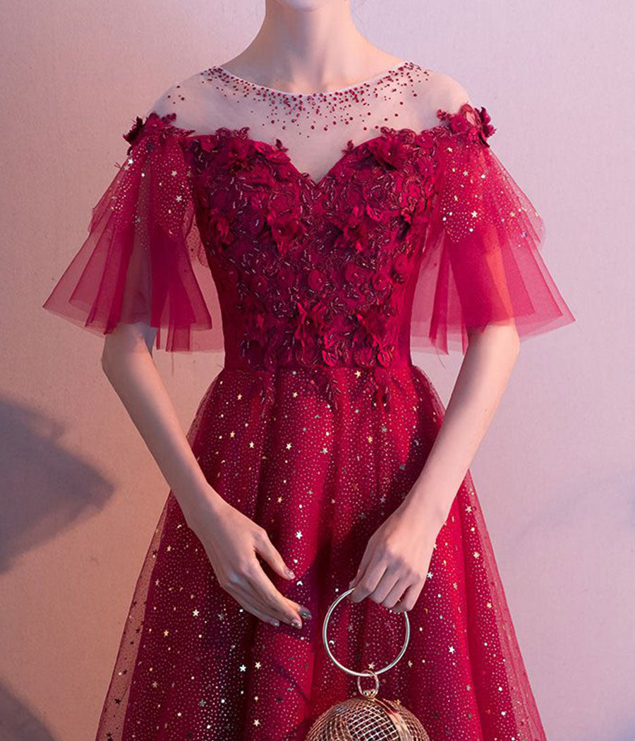 Burgundy tulle sequins prom dress evening dress  8339