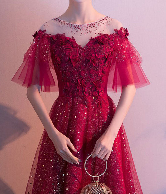 Burgundy tulle sequins prom dress evening dress  8339