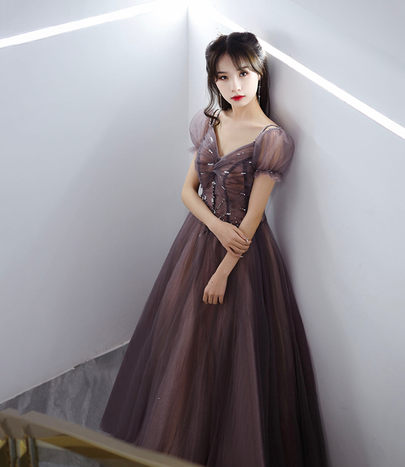 Cute tulle long prom dress A line evening gown  10280