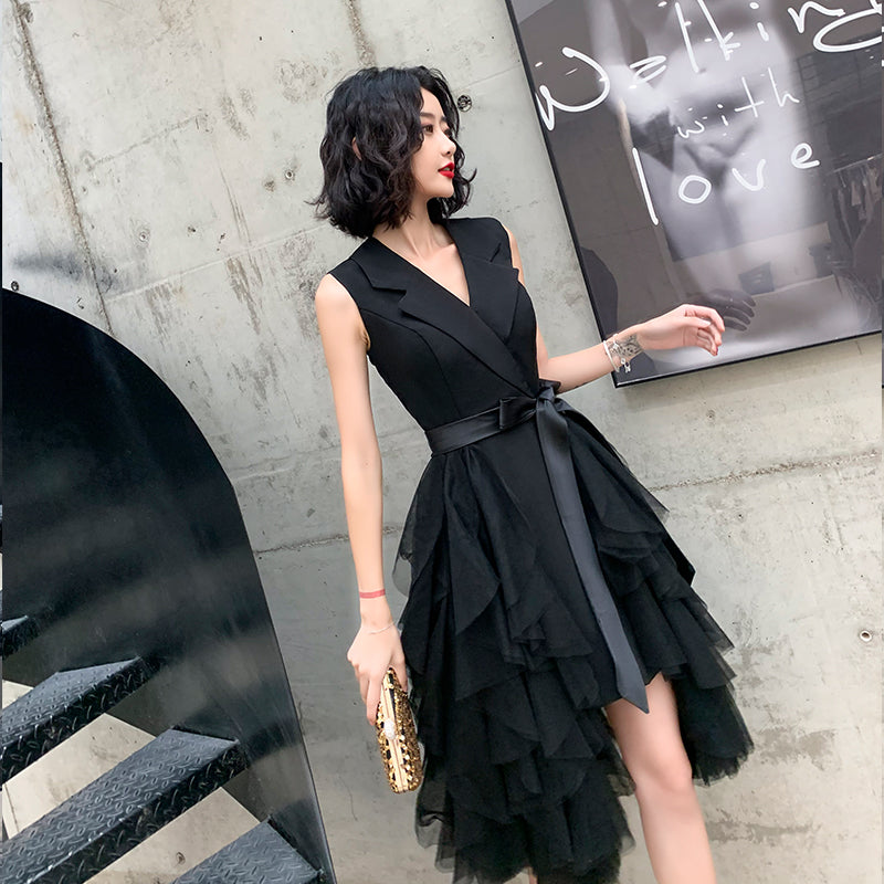 Black v neck short prom dress, evening dress  8022