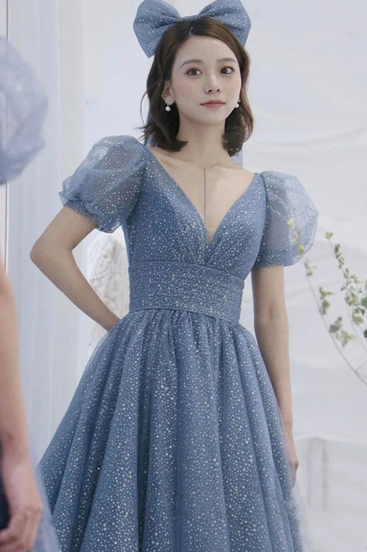 Blue v neck tulle long A line prom dress evening dress  8691