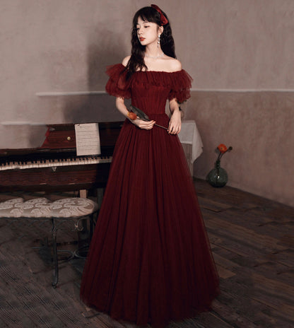 Burgundy tulle long A line prom dress evening dress  8572