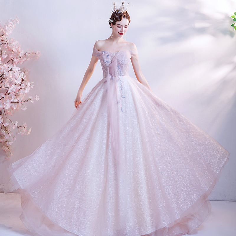 Pink tulle long A line prom dress pink evening dress  8768