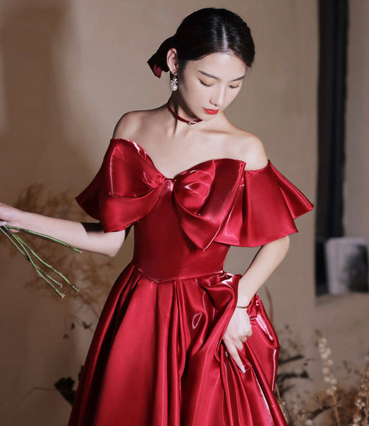 Red satin long prom dress A line evening dress  10582