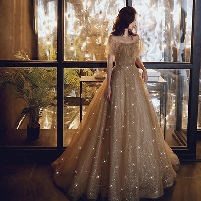 Gold sequins tulle long prom dress  8171