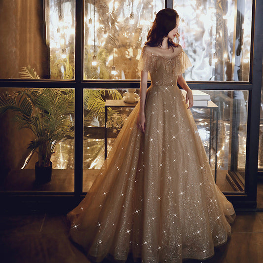 Gold sequins tulle long prom dress  8171