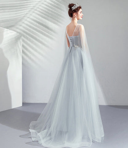 Gray tulle lace long prom dress A line evening dress  10509