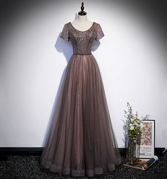 Shiny tulle beads long prom dress A line evening gown  10108