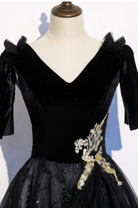 Black velvet lace long prom dress evening dress  8502
