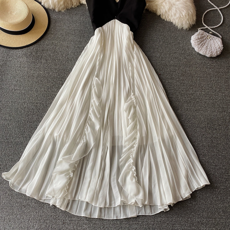 Cute V Neck A Line Dress Black And White Fashion Dress  10810