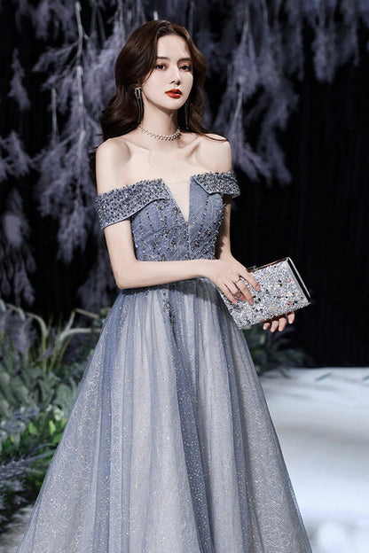 Grey tulle beads long prom dress shiny evening dress  8569