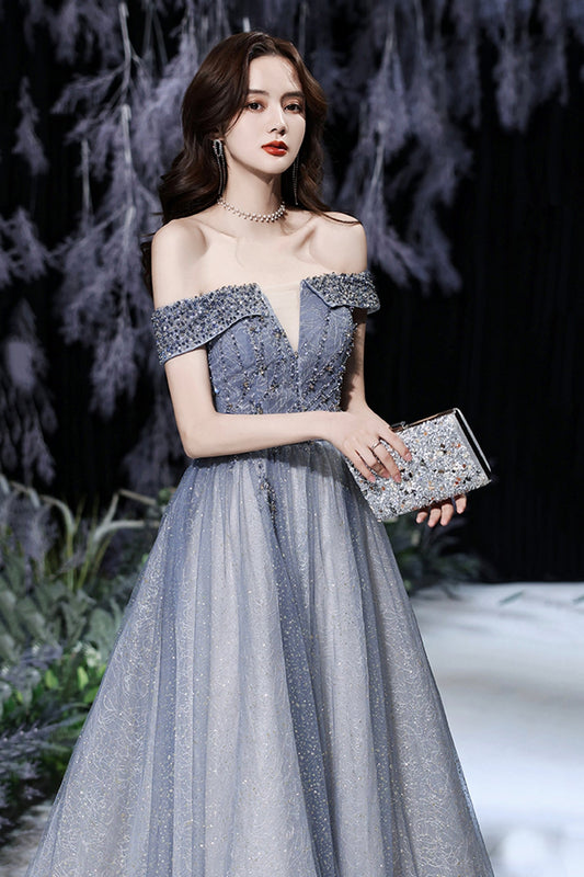 Grey tulle beads long prom dress shiny evening dress  8569