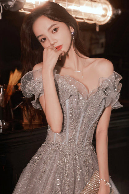 Gray tulle sequins long prom dress A line evening dress  10627