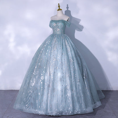 Blue tulle sequins long prom dress evening gown  10062