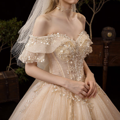 Champagne tulle sequins long prom dress evening gown  10250