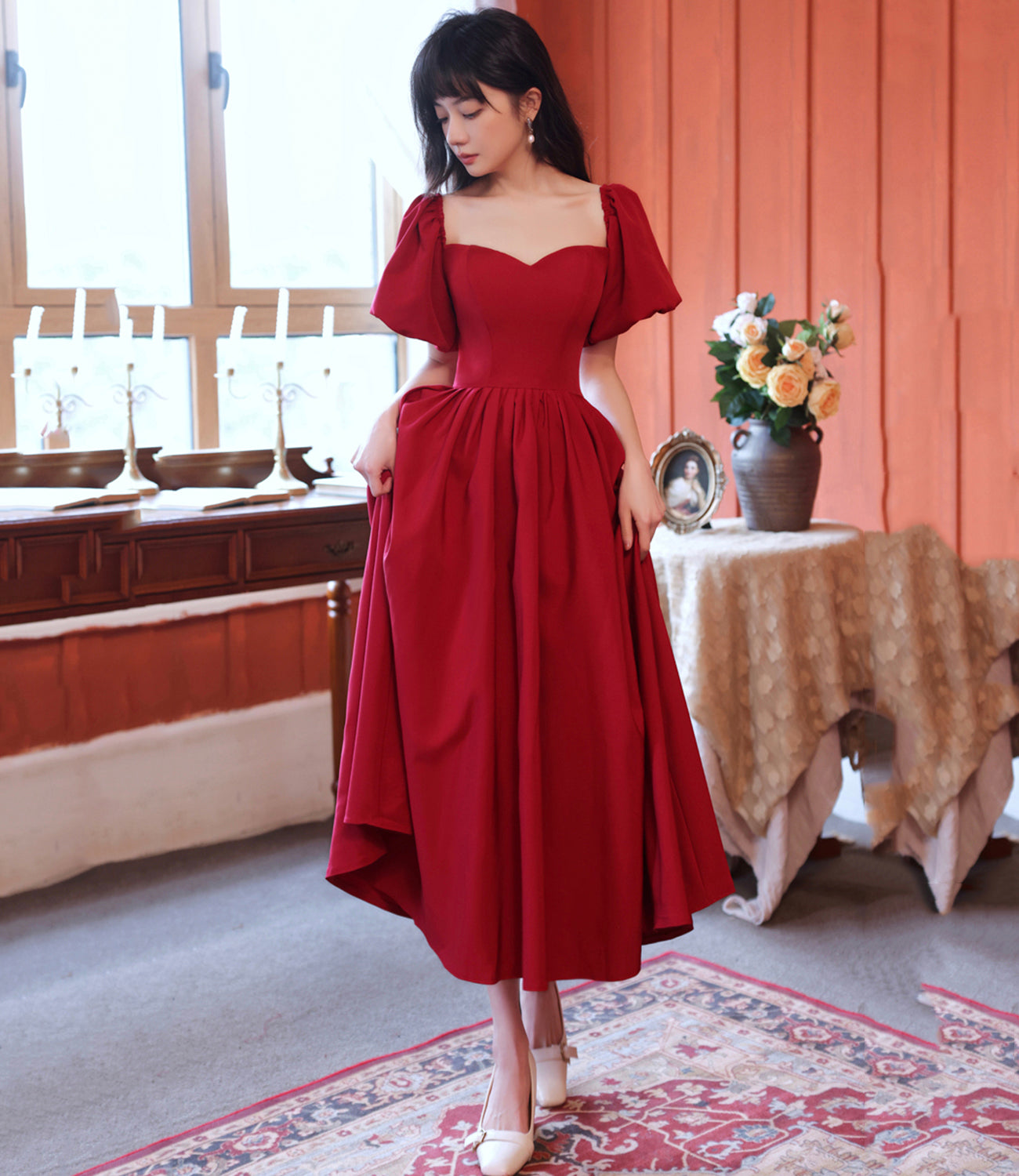 Red A line short prom dress red evening dress  8833