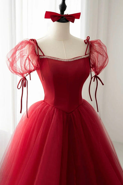 Red tulle long ball gown dress red evening dress  10599