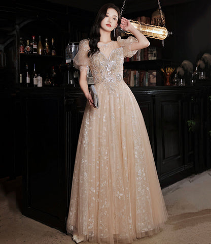 Champagne tulle sequins long prom dress evening dress  10325