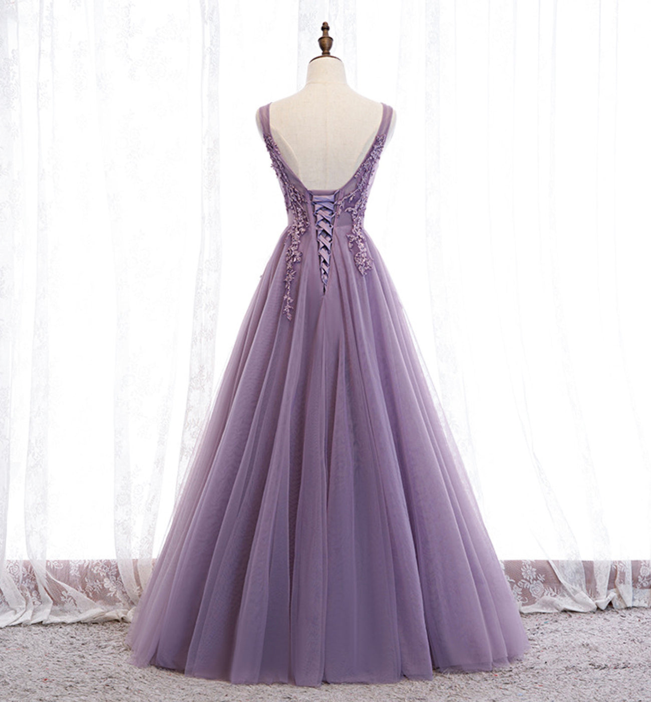 Purple v neck long A line prom dress lace evening dress  8586