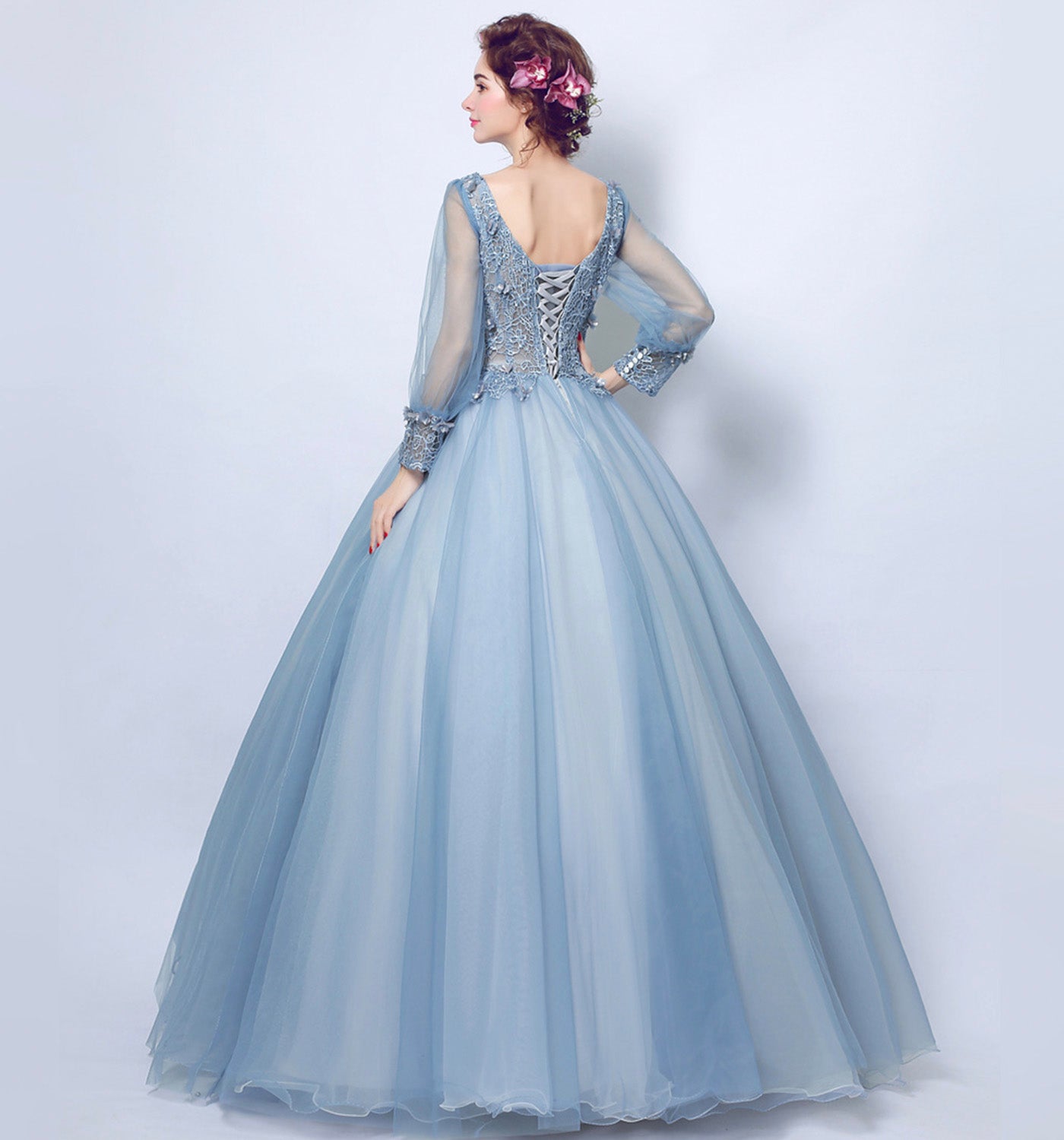 Blue lace applique long prom gown evening dress  10075