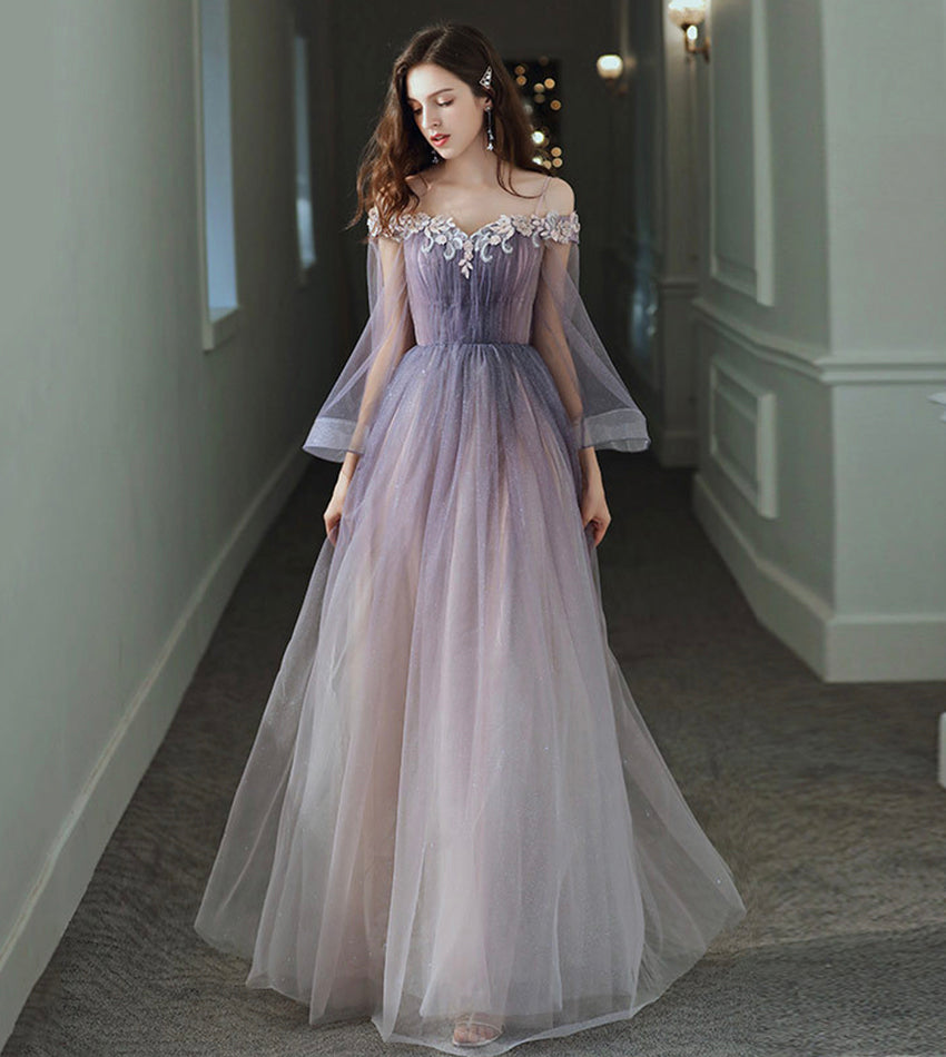 Purple tulle lace long prom dress purple evening dress  8538