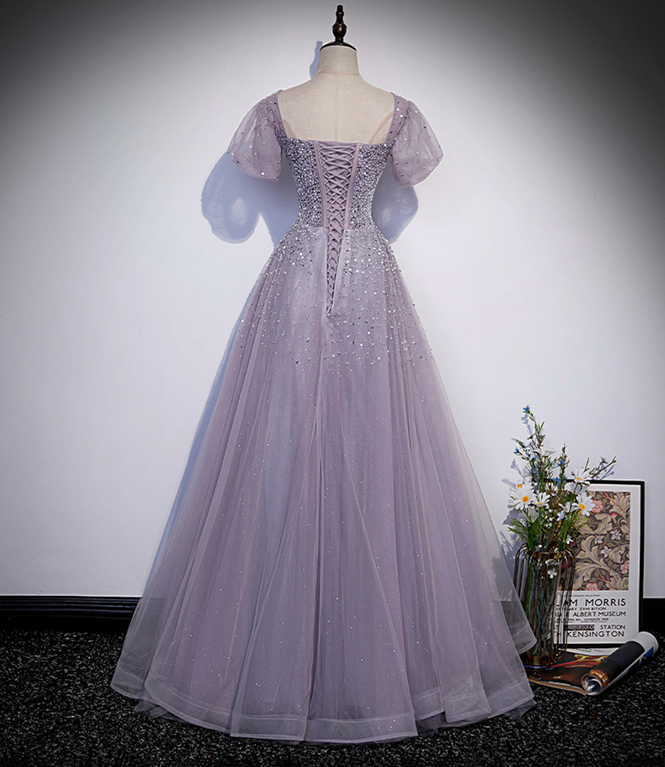 Purple tulle beads long prom dress A line evening gown  10221