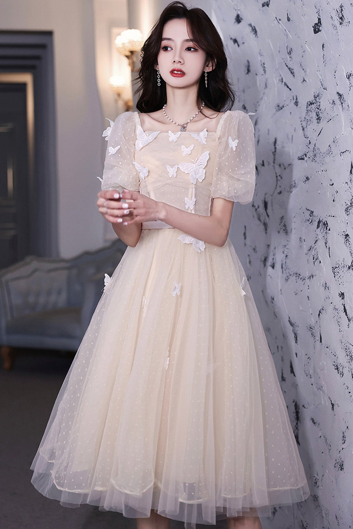 Champagne tulle short prom dress party dress  8671