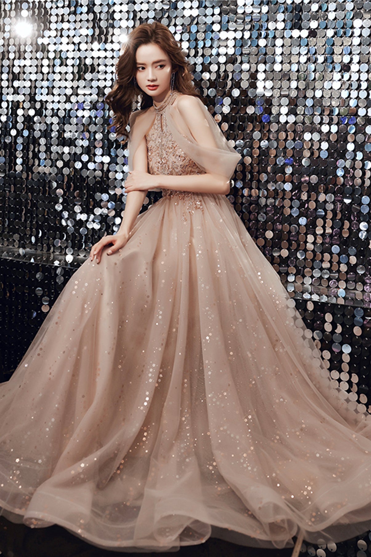 Champagne tulle sequins long A line prom dress evening dress  8683