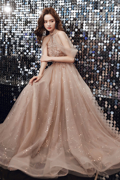 Champagne tulle sequins long A line prom dress evening dress  8683