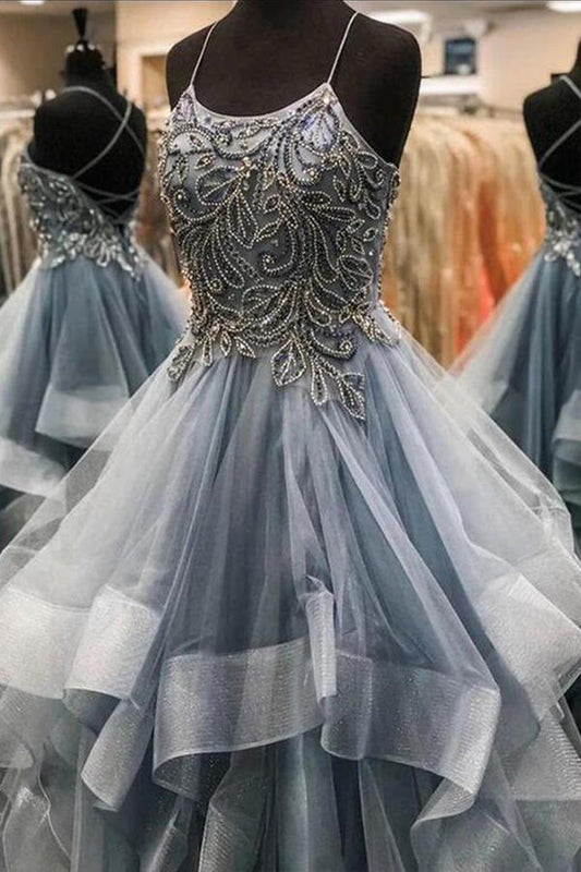A Line Gray Organza Beaded Prom Dress With Ruffles,WP140