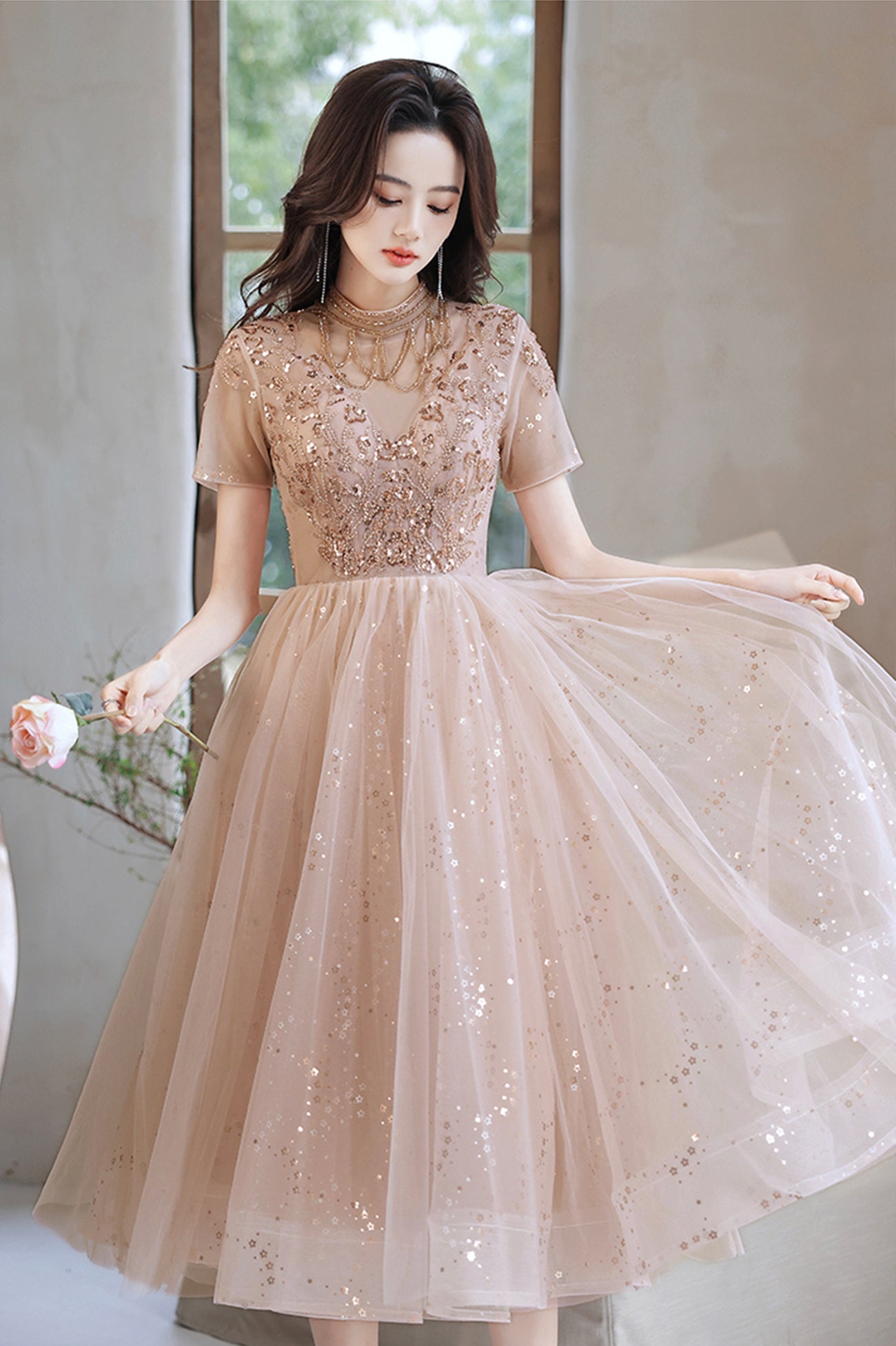Cute tulle beads short prom dress A line party dress  10519