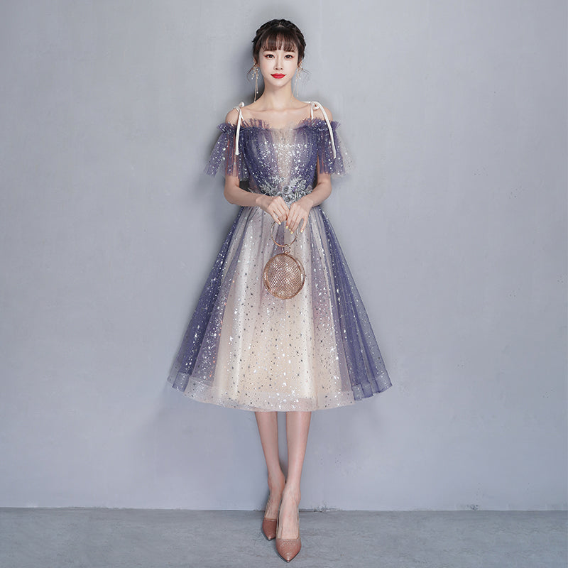 Blue tulle sequins short prom dress party dress  8354