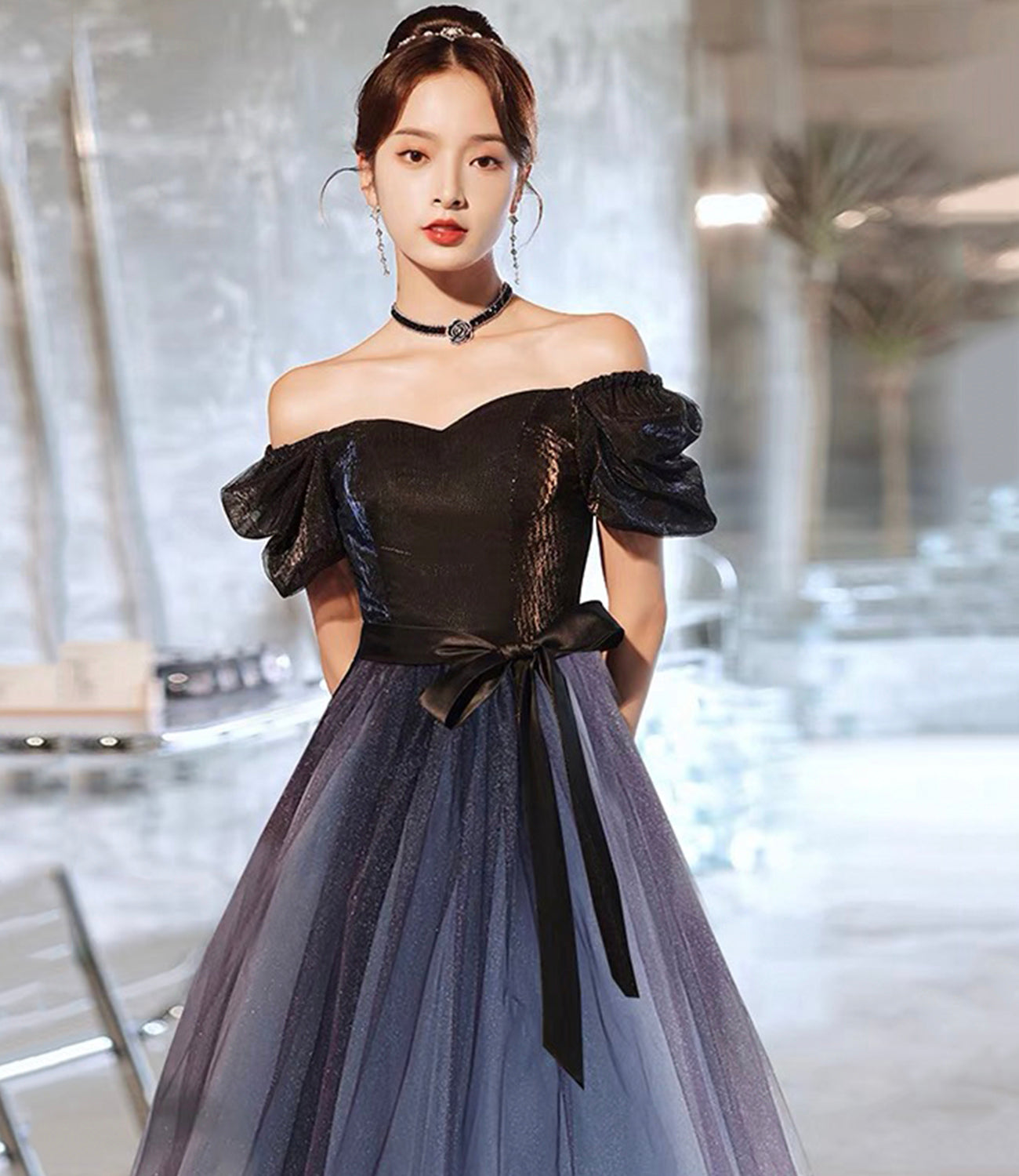 Cute tulle long A line prom dress evening gown  10096