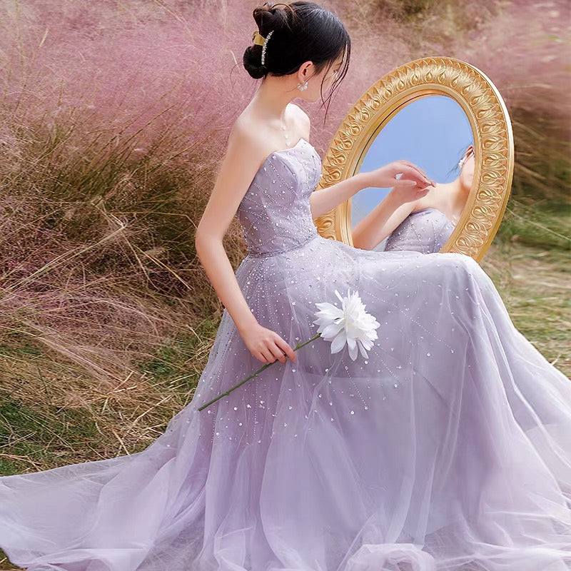 Purple tulle beads long prom dress A ine evening gown  10209