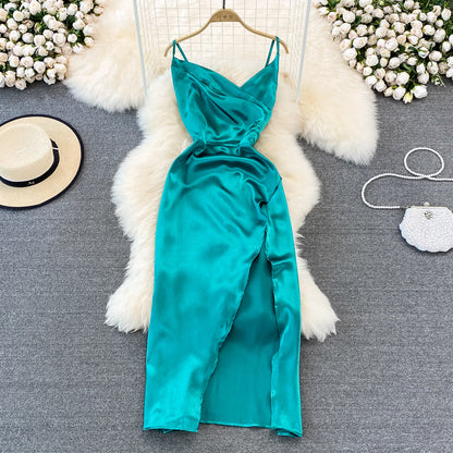 V-neck slim slim acetate Satin pleated split dress dress  11180