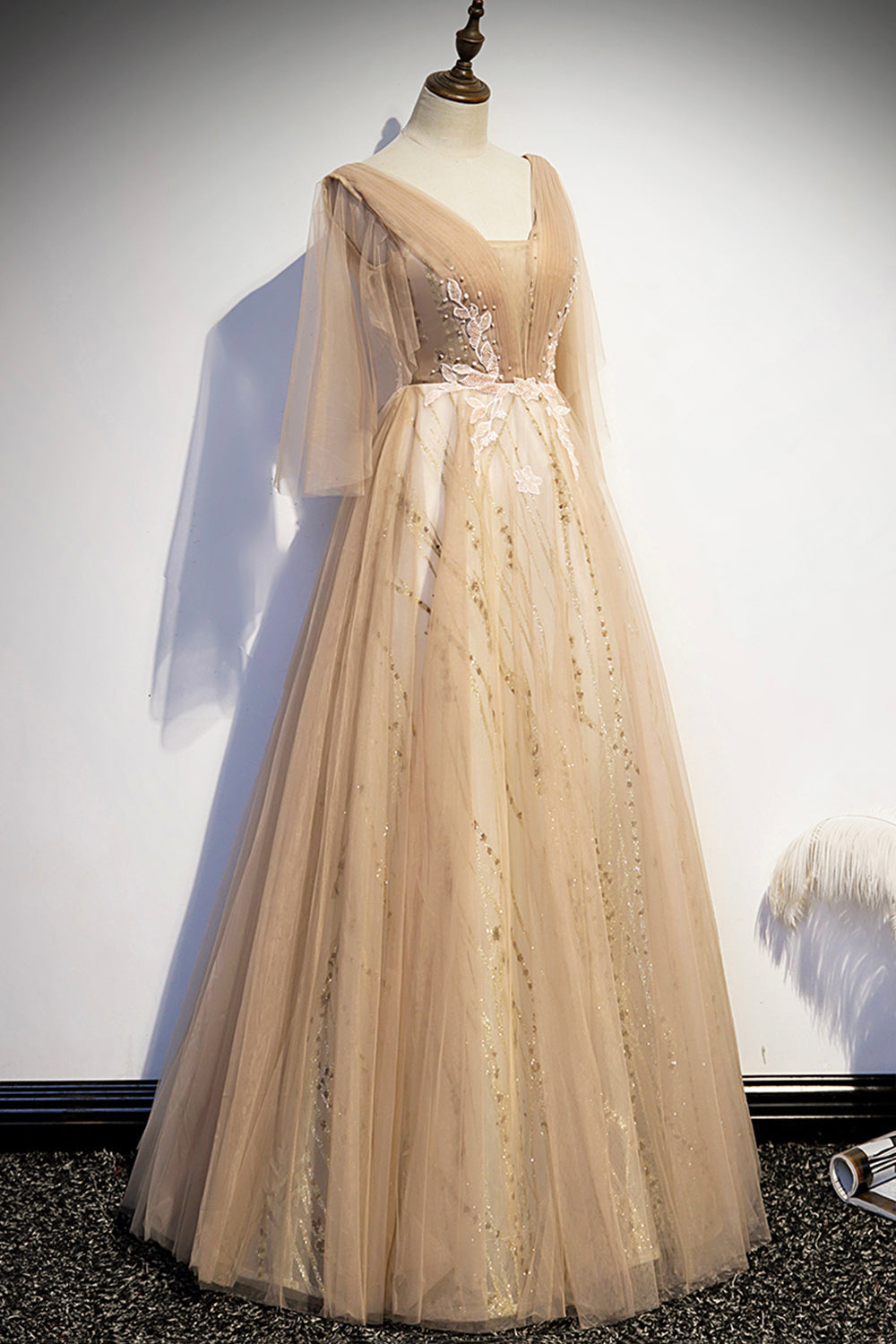 Champagne v neck lace long prom dress A line evening dress  8595