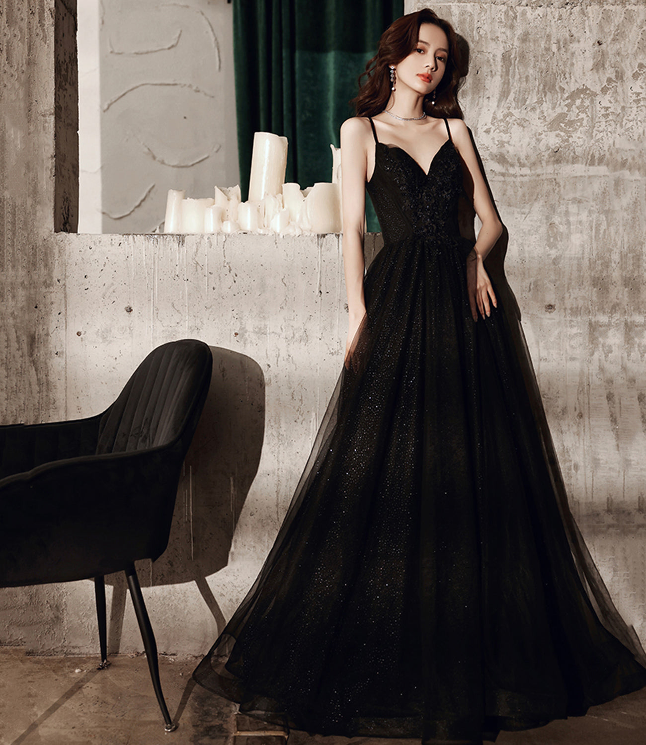 Black tulle long A line prom dress evening dress  8664