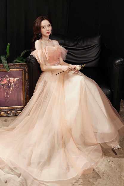 Pink tulle sequins long prom dress evening dress  8600