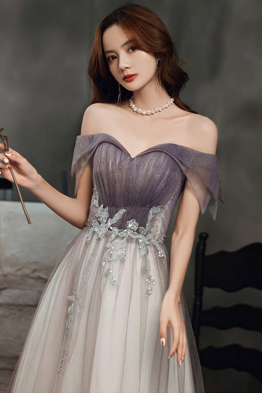 Purple tulle sequins long prom dress A line evening dress  10644