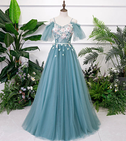 Blue v neck lace long prom gown blue evening dress  8530