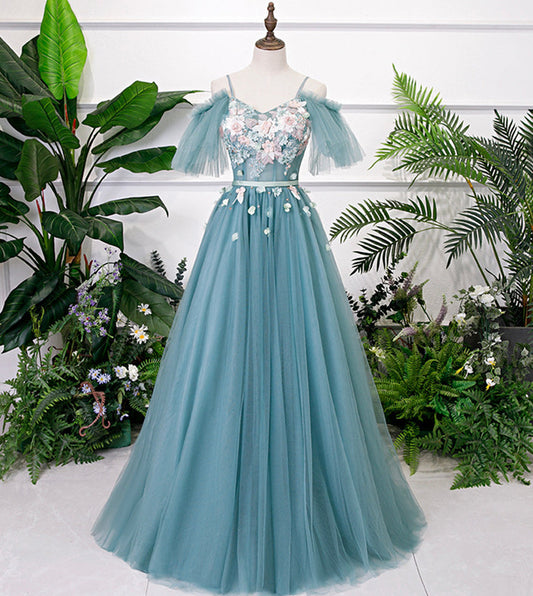Blue v neck lace long prom gown blue evening dress  8530