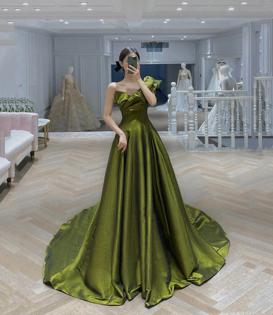 Green satin long prom dress A line evening dress  10541