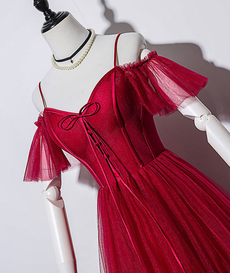 Burgundy tulle long prom gown formal dress  8496
