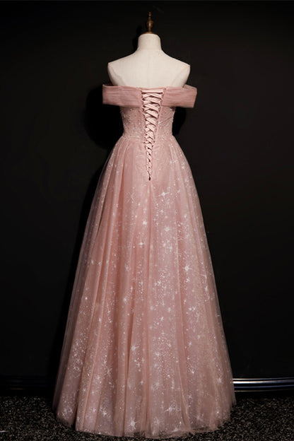 Pink tulle long A line prom dress pink evening dress  8695