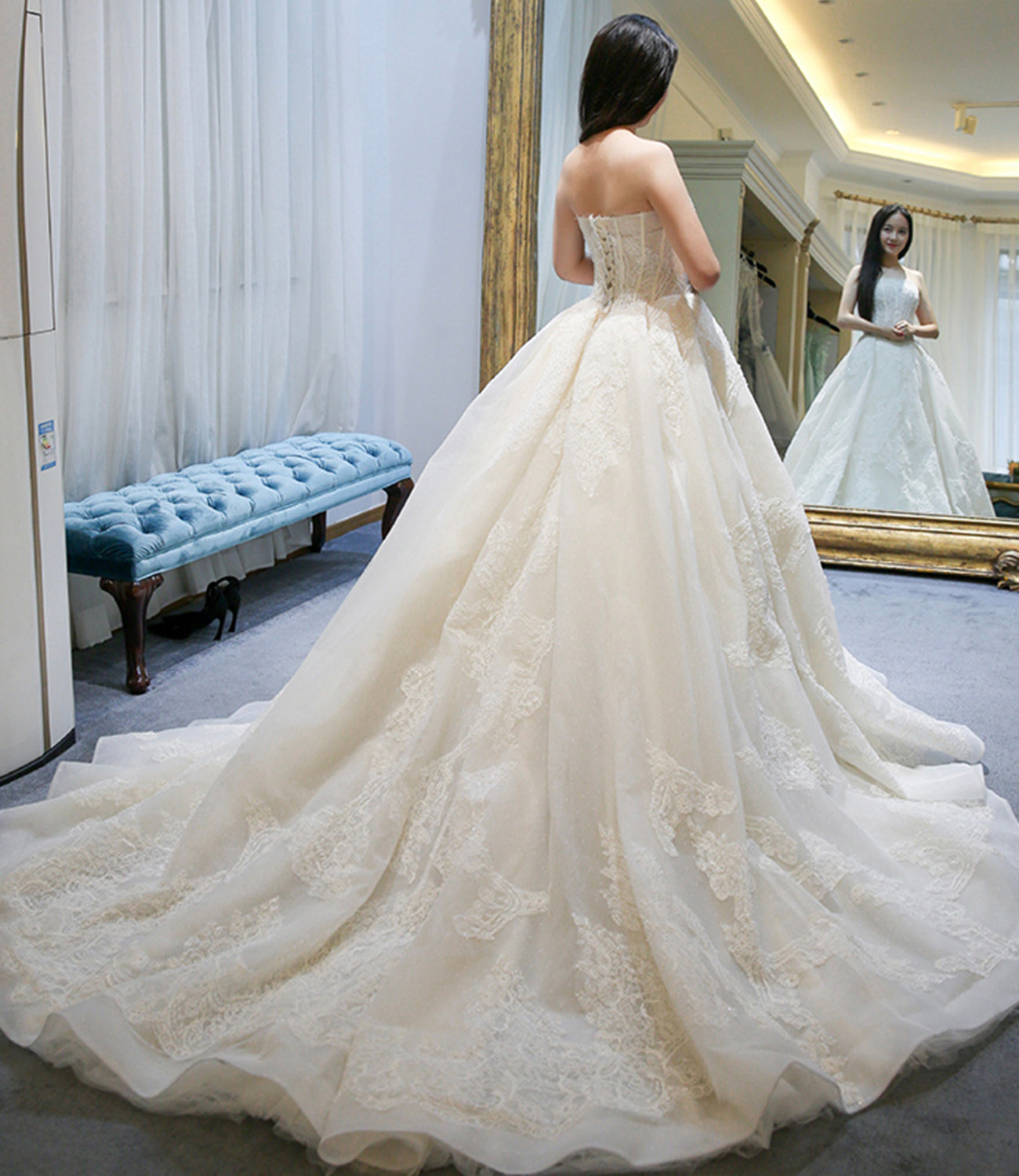 Champagne tulle lace long ball gown dress formal gown  10367